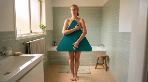 A tiled bathroom at home. Digitally generated image. The figure is an illustration, not a photograph of a real person, a patient or a customer.