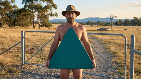 A farm gate on a dry paddock. Digitally generated image. The figure is an illustration, not a photograph of a real person, a patient or a customer.