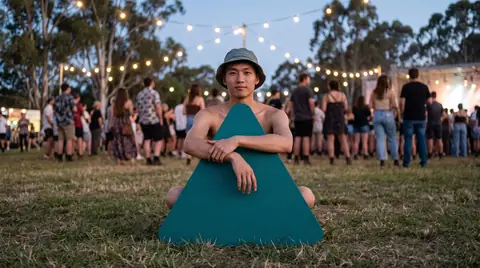 A music festival at dusk. Digitally generated image. The figure is an illustration, not a photograph of a real person, a patient or a customer.