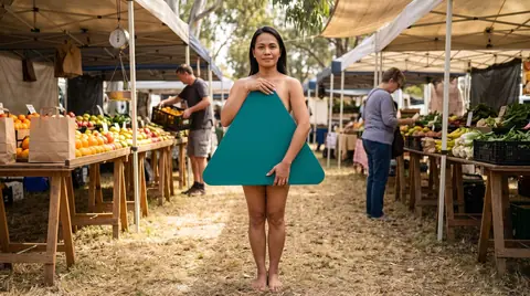 An outdoor produce market. Digitally generated image. The figure is an illustration, not a photograph of a real person, a patient or a customer.