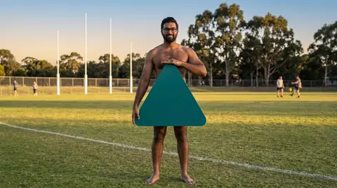A suburban football oval. Digitally generated image. The figure is an illustration, not a photograph of a real person, a patient or a customer.