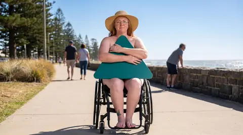 A seaside promenade. Digitally generated image. The figure is an illustration, not a photograph of a real person, a patient or a customer.